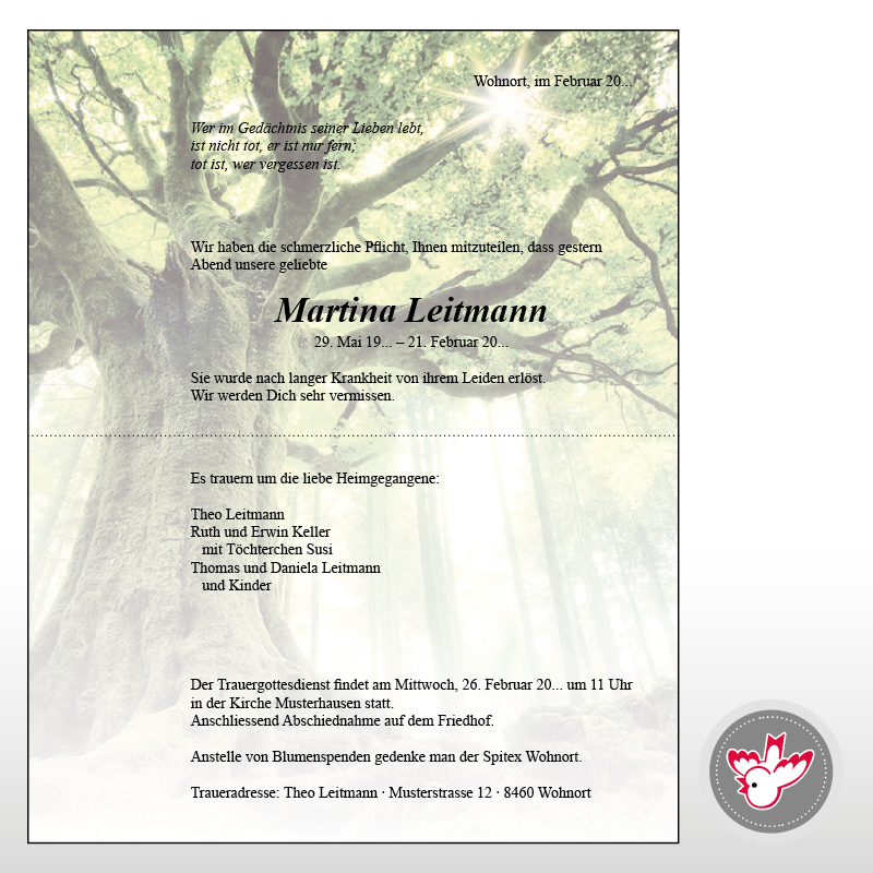 Traueranzeige, Todesanzeige, Abdankung